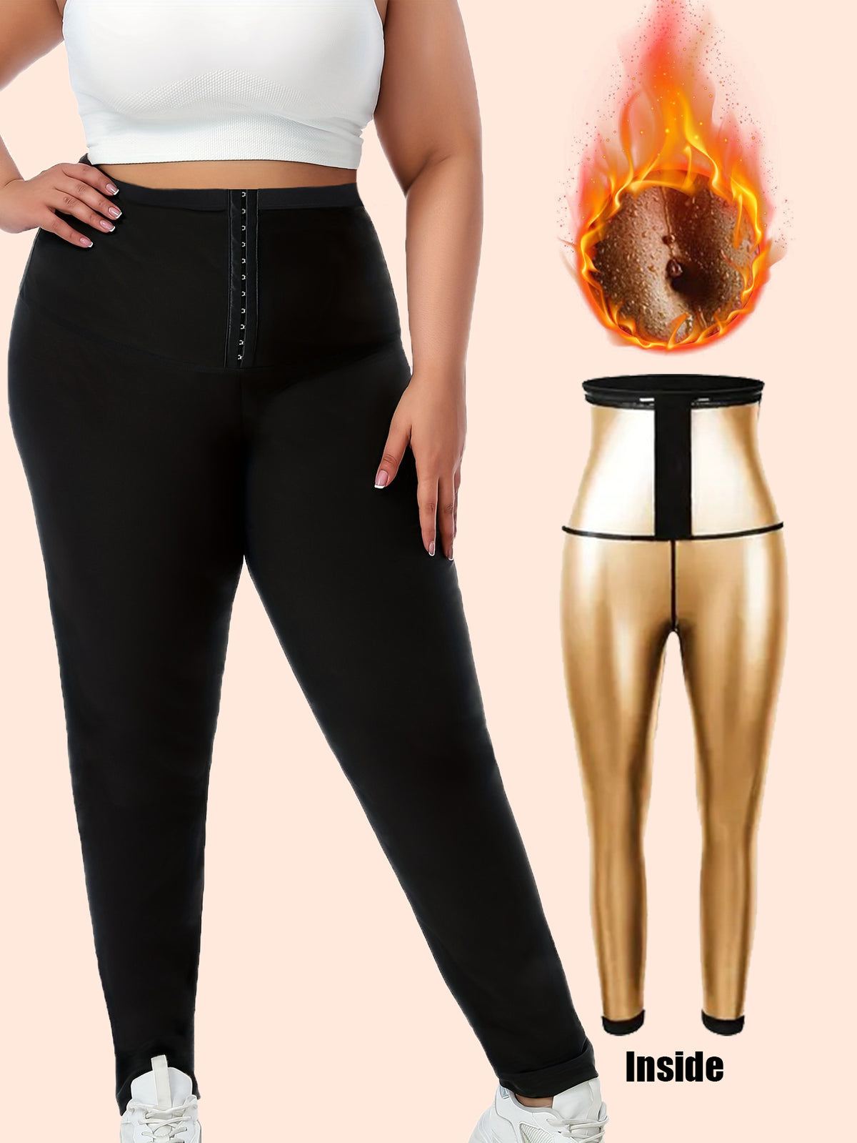 Plus Size Sauna Sweat Leggings For Women, High Waist Silver Coated Workout Pants With Hook & Eye Tummy Control Waist Trainer, Body Shaper Gym Compression Leggings