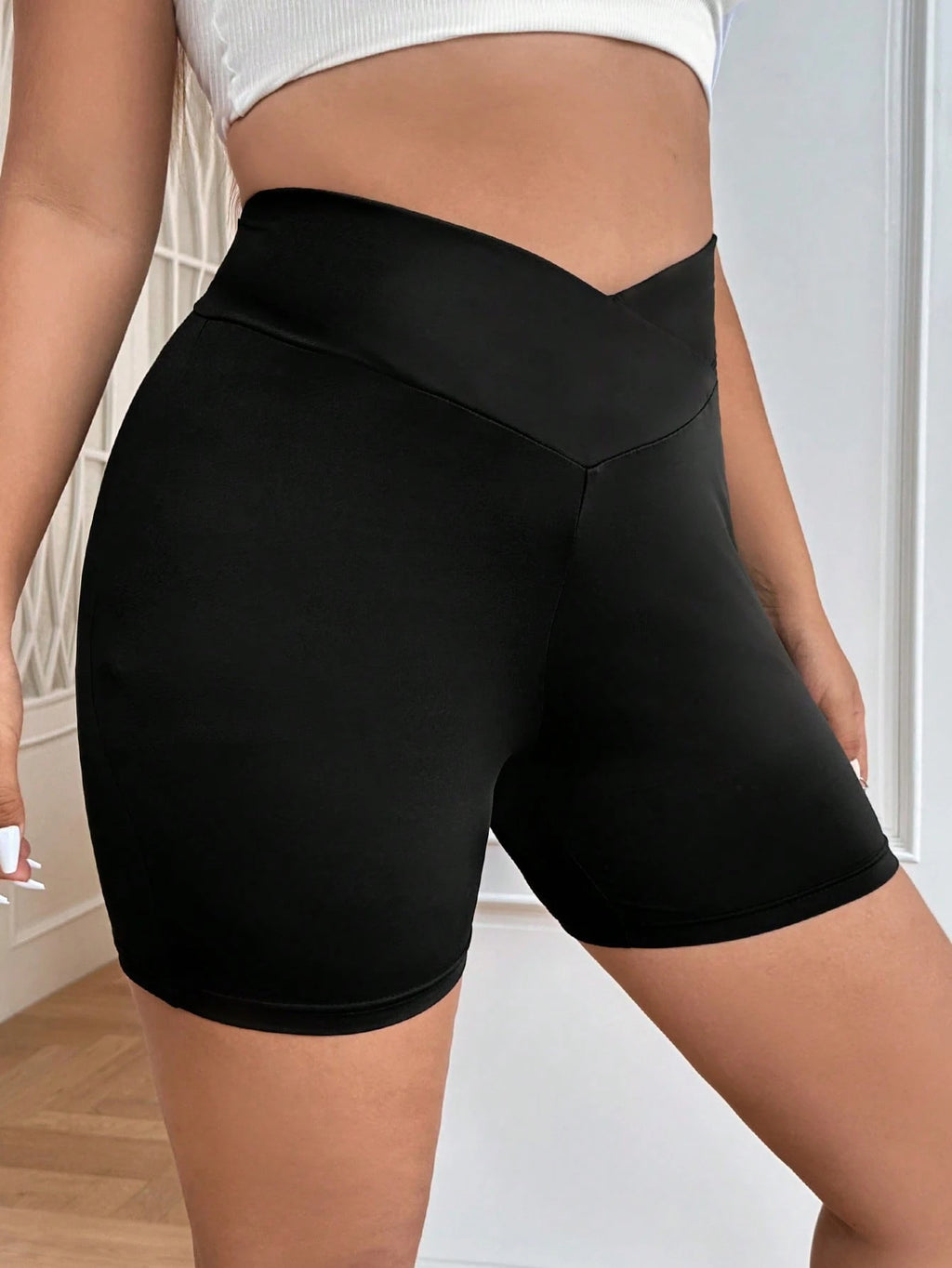 Plus Size Crossover High Waisted Biker Shorts For Women, Tummy Control Yoga Shorts, Butt Lifting Compression Workout Athletic Shorts, Gym Running Shorts