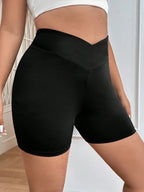 Plus Size Crossover High Waisted Biker Shorts For Women, Tummy Control Yoga Shorts, Butt Lifting Compression Workout Athletic Shorts, Gym Running Shorts
