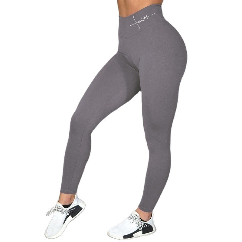 European And American Style Embroidered Waistband Ribbed Tight Yoga Pants High-Waisted Tummy Control High-Elastic Sports Pants Slimming Cropped Fitness Pants