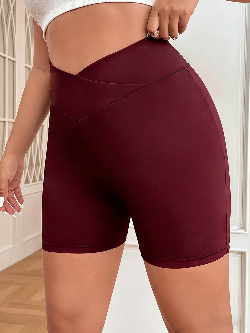 Plus Size Crossover High Waisted Biker Shorts For Women, Tummy Control Yoga Shorts, Butt Lifting Compression Workout Athletic Shorts, Gym Running Shorts
