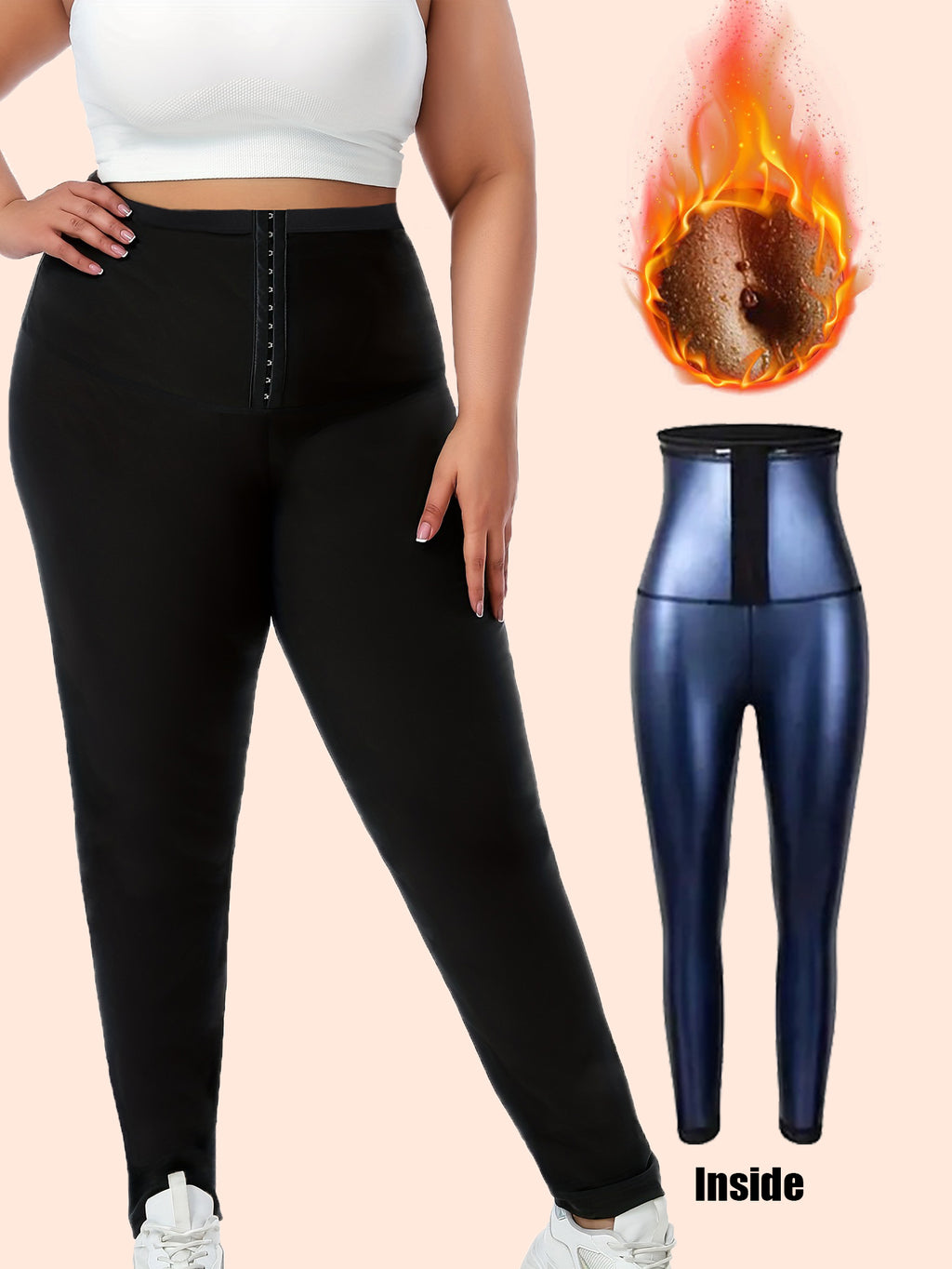 Plus Size Sauna Sweat Leggings For Women, High Waist Silver Coated Workout Pants With Hook & Eye Tummy Control Waist Trainer, Body Shaper Gym Compression Leggings