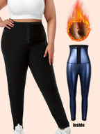Plus Size Sauna Sweat Leggings For Women, High Waist Silver Coated Workout Pants With Hook & Eye Tummy Control Waist Trainer, Body Shaper Gym Compression Leggings