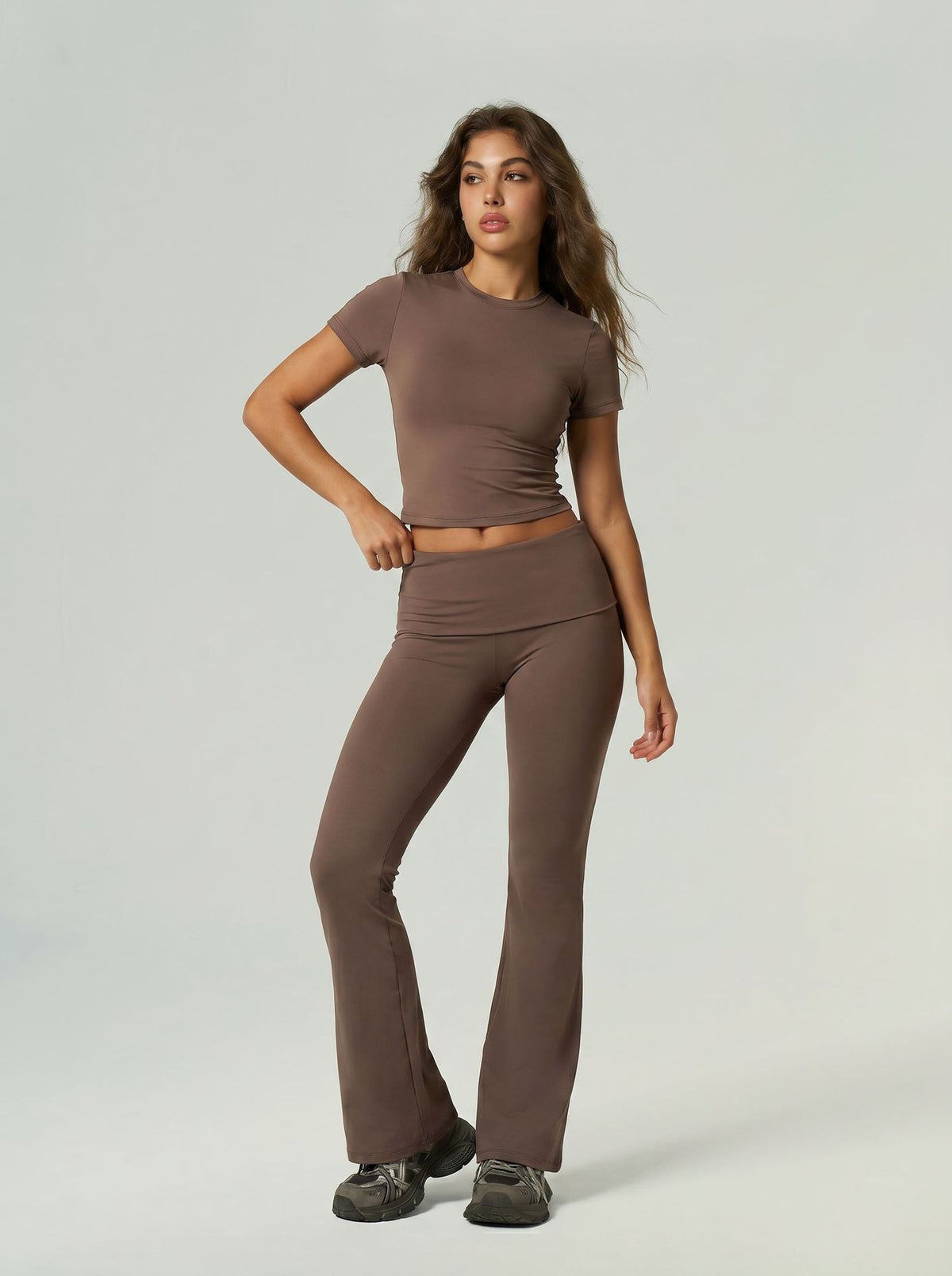 Cross-Border European And American Quick-Dry Sports Fitness Clothing Short-Sleeve Long Pants Flared Pants Tummy Control Butt-Lifting Naked-Feel Yoga Outfit Set