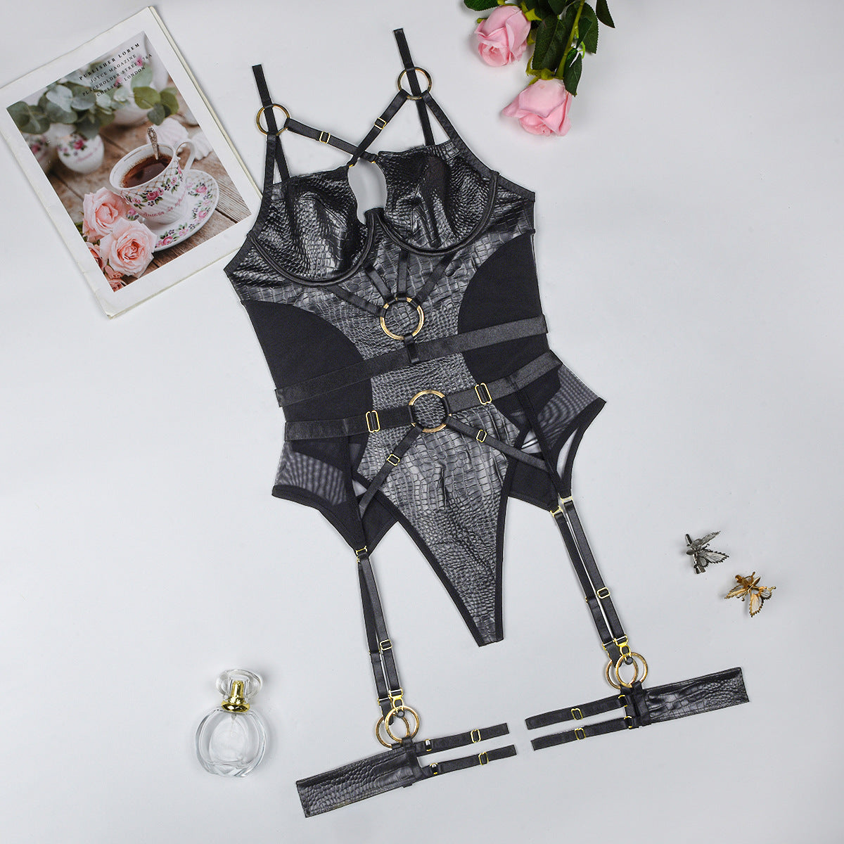 Shapewear No-Show Temptation Set Leather Cutout Bodysuit