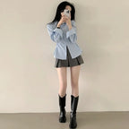 Side-seam Buttoned Waist-cinching Slimming Long-sleeve Blouse For Women