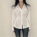 Side-seam Buttoned Waist-cinching Slimming Long-sleeve Blouse For Women